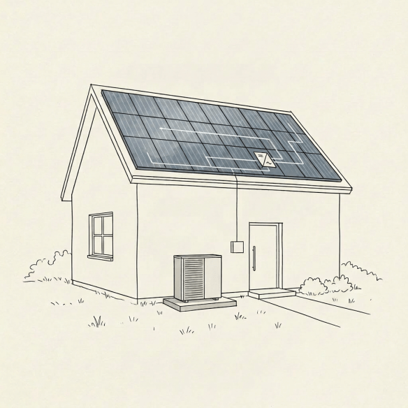 Outline of a house with a photovoltaic roof, heat pump, meter box, and heat storage unit labeled